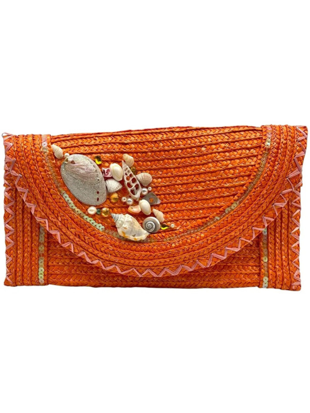 Vintage Cappelli Straworld Orange Straw Clutch Shell Sequin Beach Purse 90s